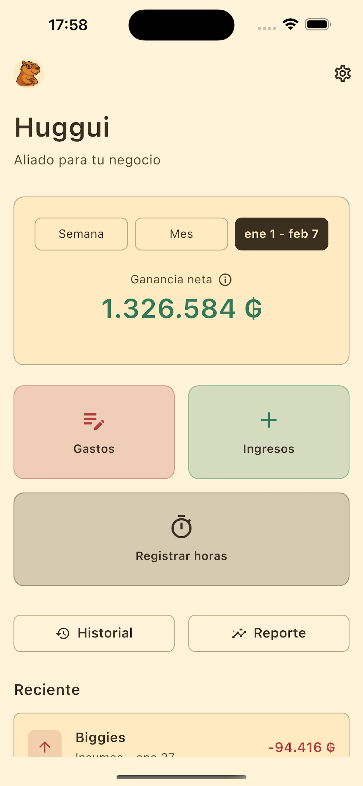 Huggui home screen showing net profit at a glance