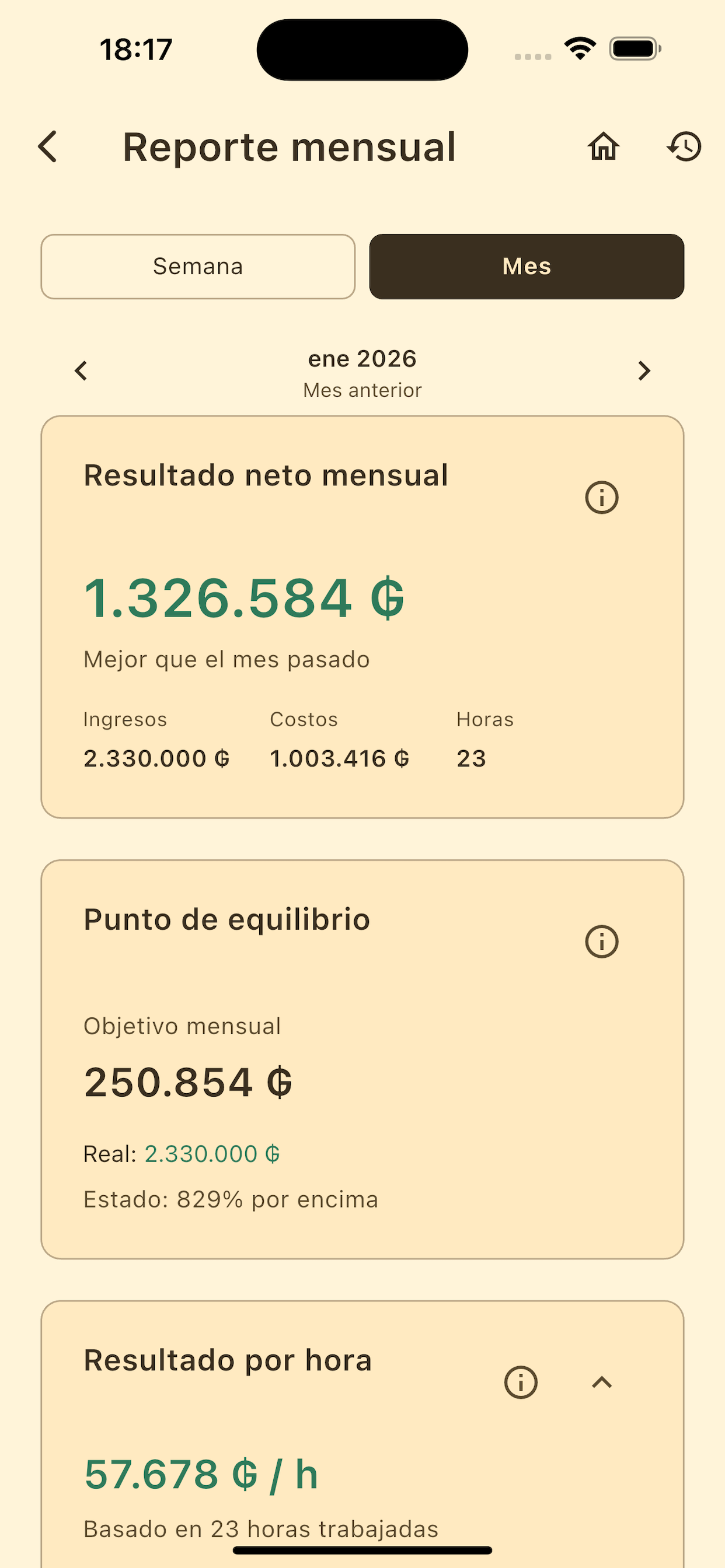 Huggui monthly report showing income, costs, hours, and profit per hour